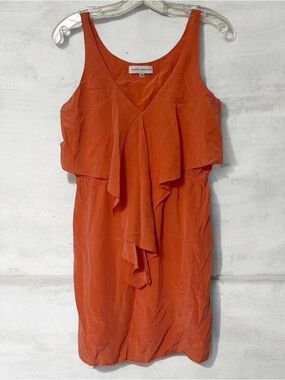 Amanda Uprichard Tangerine Silk Ruffle front Trim V-Neck Sleeveless Dress.